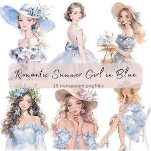Fille d'été romantique en Clipart aquarelle bleu, PNG Transparent, téléchargement numérique, fabrication de cartes, papercraft, mode Illustration anime