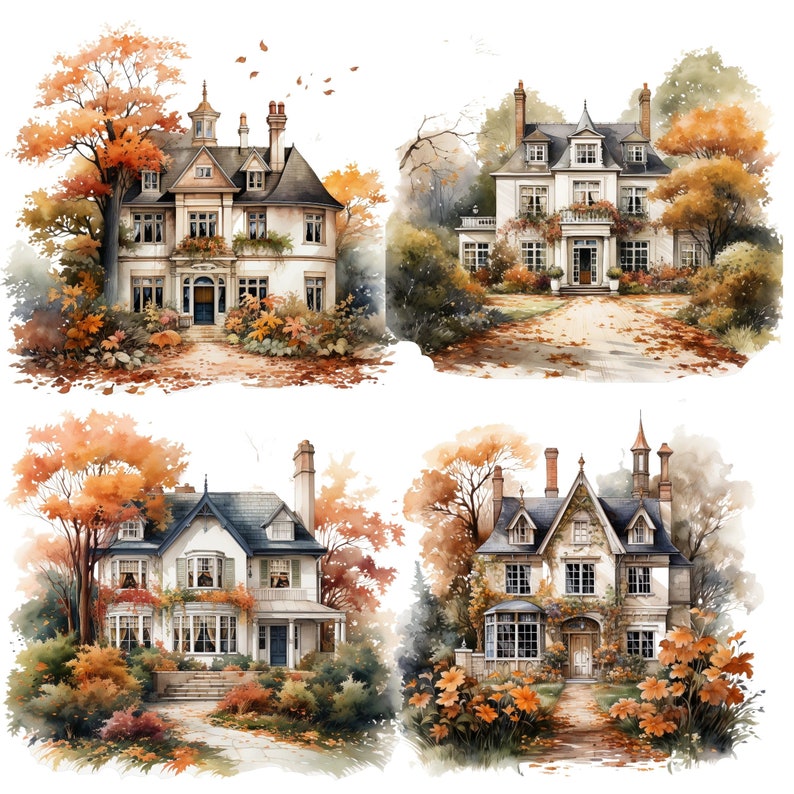 Fall Country House Watercolor Clipart Bundle, Transparent PNG ...