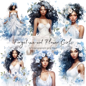 Forget Me Not Flower Girls Clipart Bundle,Transparent PNG. Portrait Pretty Black Girl,Fashion Clipart,Paper craft, Junk Journal Scrapbooking