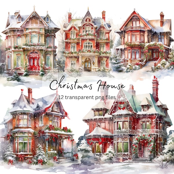 Christmas House Watercolor Clipart Bundle, transparent PNG, Winter Holiday Card Making, Sublimation, Paper craft, Junk Journal Scrapbooking