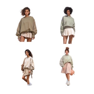 May include: Four women wearing different outfits. Each woman is wearing a sweater and a skirt. The sweaters are all in shades of green and the skirts are all in shades of beige.