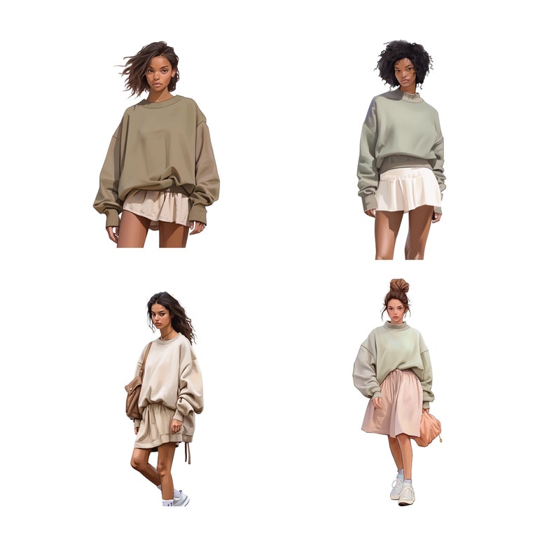 May include: Four women wearing different outfits. Each woman is wearing a sweater and a skirt. The sweaters are all in shades of green and the skirts are all in shades of beige.