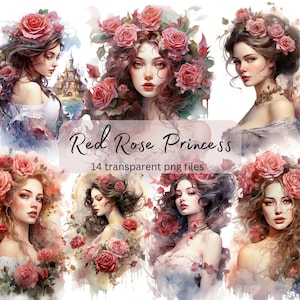 Princess Watercolor Clipart Bundle, transparent PNG, Pretty Girls Clipart, Fantasy illustration, Paper craft, Junk Journal Scrapbooking