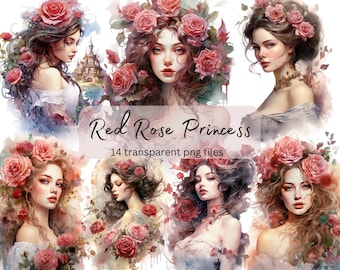 Princess Watercolor Clipart Bundle, transparent PNG, Pretty Girls Clipart, Fantasy illustration, Paper craft, Junk Journal Scrapbooking