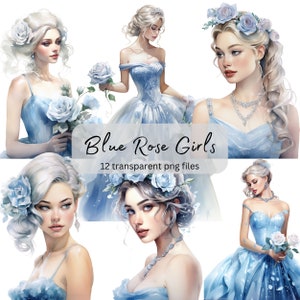 Blue Rose Girls Watercolor Clipart Bundle, Princess Fantasy PNG, Portrait Girl, Fashion Clipart, Paper craft,Card Junk Journal Scrapbooking