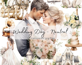 May include: A watercolor illustration set of wedding day elements in neutral colors. The set includes a bride and groom, a horse-drawn carriage, a church, a cake, flowers, candles, and swans. The text "Wedding Day - Neutral" and "30 transparent png files" is included in the image.