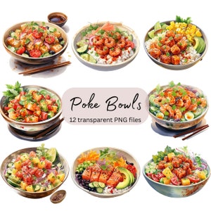 Poke Bowl Clipart Bundle, PNG Transparent, Téléchargement numérique, Clipart nourriture aquarelle, Fabrication de cartes, scrapbooking Junk Journal, Utilisation commerciale