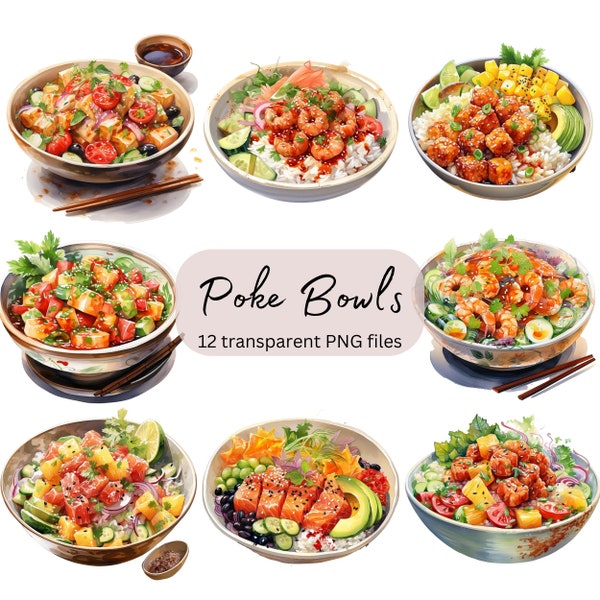 Poke Bowl Clipart Bundle, Transparent PNG, Digital Download, Watercolor Food Clipart, Card Making, Junk Journal scrapbooking, Commercial Use