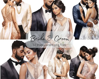 May include: A set of 12 digital illustrations of brides and grooms in traditional Indian wedding attire. The illustrations are painted in a watercolor style and feature a variety of poses and expressions. The images are perfect for use in wedding invitations, save-the-dates, and other wedding stationery.
