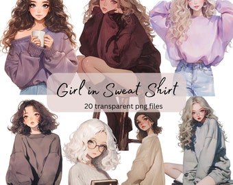 Mode-Mädchen-Aquarell-Clipart-Bundle, transparentes PNG, digitaler Download, Kartengestaltung, ziemlich lässige Mädchen-Illustration, Junk Journal, Scrapbook