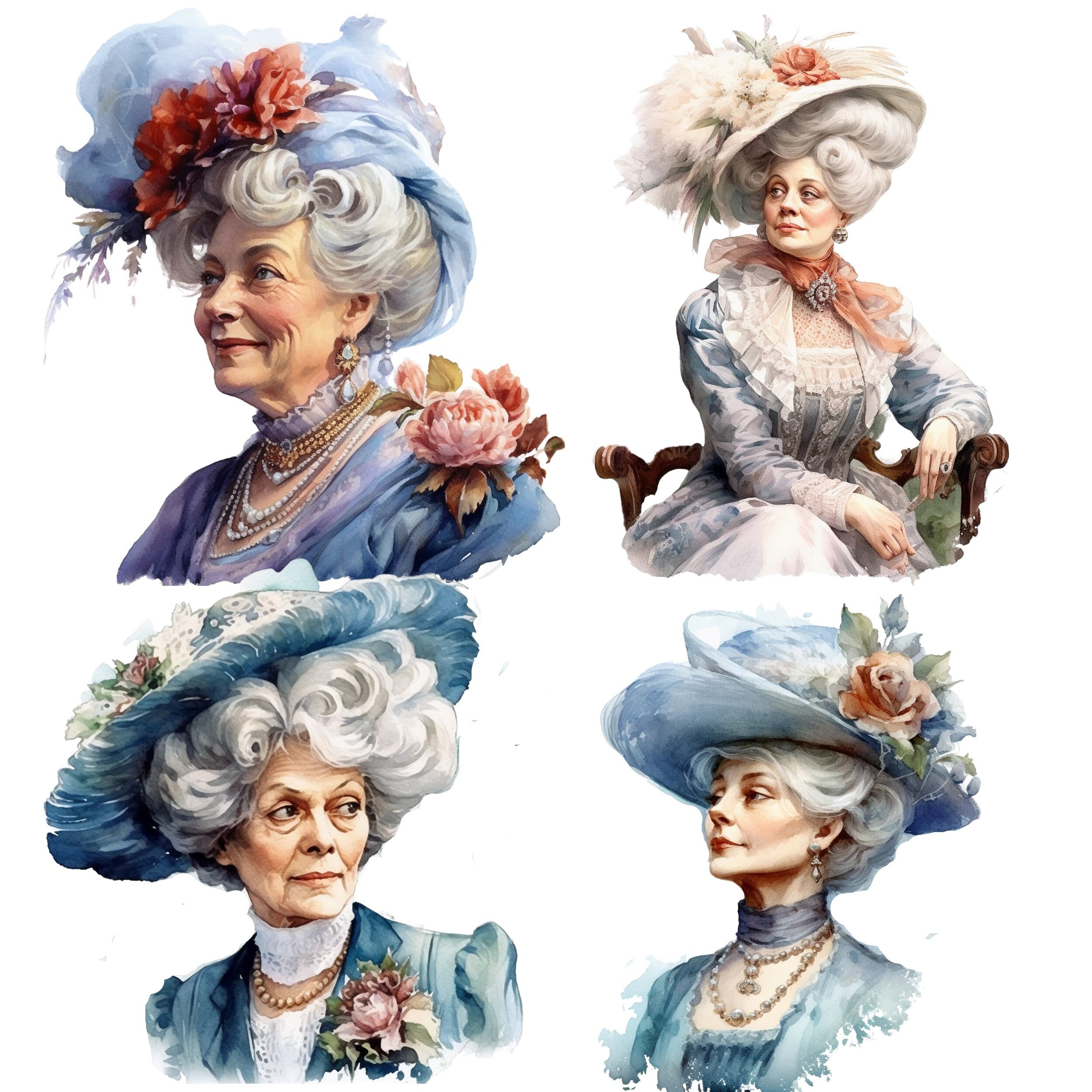 Victorian Elderly Lady Vintage Watercolor Clipart Bundle, Transparent ...
