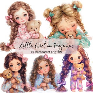 Little Girl in Pajamas and Teddy Bear Watercolor Clipart Bundle, transparent PNG, Cute Kid, Paper craft, Junk Journal Scrapbook Card Making