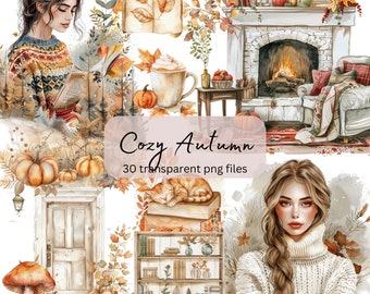 May include: A digital illustration set of 30 autumn-themed images, featuring a cozy fireplace, a bookshelf, a cat, a girl with a book, pumpkins, and mushrooms. The text "Cozy Autumn" and "30 transparent png files" is included in the image.