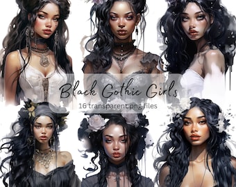 Black Gothic Girls Acuarela Clipart, PNG transparente, Descarga digital, Pretty Girls Card Making Scrapbook Junk Journal, Uso comercial