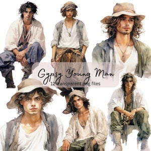 Paquete de imágenes prediseñadas de acuarela de hombre joven gitano, PNG transparente, imágenes prediseñadas de retrato, descarga digital, tarjeta de personas haciendo scrapbooking diario basura