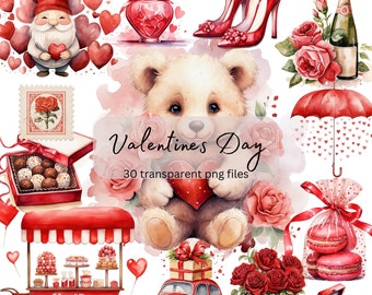 Valentines Day Watercolor Clipart Bundle, Transparent PNG, Digital Download, Card Making, unk Journal Scrapbooking,Papercraft,Commercial Use