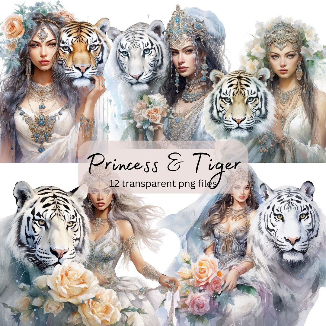 Princess Tiger Watercolor Clipart Bundle, Transparent PNG, Pretty Girls ...