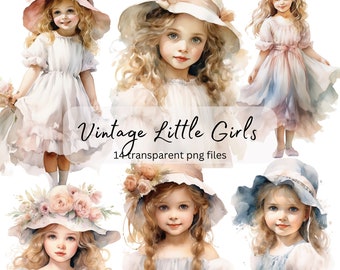 Vintage kleine Mädchen Aquarell Clipart Bundle, transparentes PNG, digitaler Download, niedliche Kind Karte machen Scrapbook Junk Journal kommerzielle Nutzung