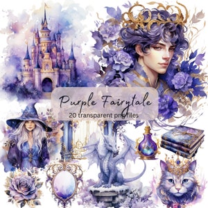 Purple Fairytale Watercolor Clipart Bundle, transparent PNG,  Fantasy illustration, Papercraft, Junk Journal Scrapbooking, Card Making