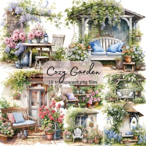 Cozy Garden Aquarelle Clipart, PNG transparent, Spring Cottage Life, Téléchargement instantané, Fabrication de cartes, Scrapbook, Junk Journal, Utilisation commerciale