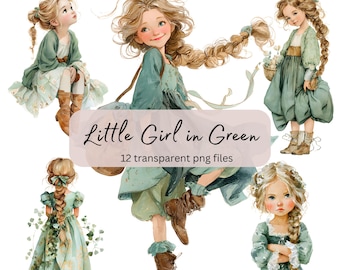 Puede incluir: Ilustraciones en acuarela de niñas con vestidos verdes y botas. La imagen incluye el texto "Little Girl in Green" y "12 transparent png files". Las niñas tienen el pelo largo y rubio y están en varias poses.