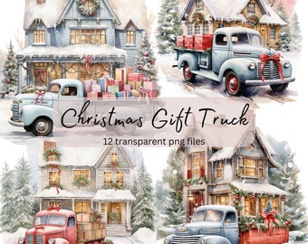 Christmas Gift Truck Watercolor Clipart Bundle, transparent PNG, Cute House Clipart, Sublimation, Paper craft, Junk Journal Scrapbooking