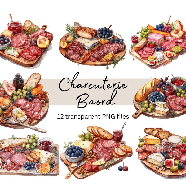 French Charcuterie Board Clipart, Transparent PNG, Digital Download, Watercolor Food Clipart, Card Making, Junk Journal scrapbooking