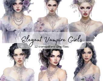 Vampire filles aquarelle Clipart, PNG Transparent, téléchargement numérique, jolie dame carte faisant Scrapbook Junk Journal Halloween usage Commercial