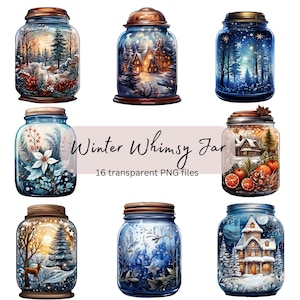 Winter Whimsy Jar Watercolor Clipart Bundle, Transparent PNG, Digital Download, Home Decoration Card Making, Junk Journaling, Commercial Use