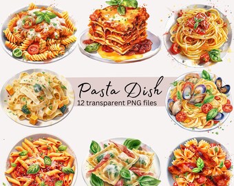Pasta Dish Watercolor Clipart Bundle, Transparent PNG, Digital Download, Watercolor Food Clipart, Card Making, Junk Journal,Commercial Use