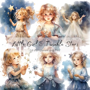 Little Girl Twinkle Stars aquarel clipart bundel, transparante PNG, digitale download, kaart maken, schattige fantasie illustratie, commercieel gebruik