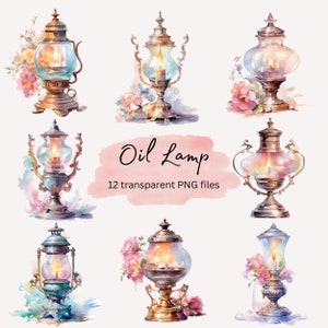 Pastel Oil Lamp Aquarel Clipart Bundel, Transparante PNG, Digitale Download, Home Decoration Card Making, Junk Journaling, Commercieel Gebruik