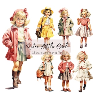 Retro Little Girl Watercolor Clipart Bundle, transparent PNG, Vintage Cute Girl Clipart, Sublimation, Paper craft, Junk Journal Scrapbooking