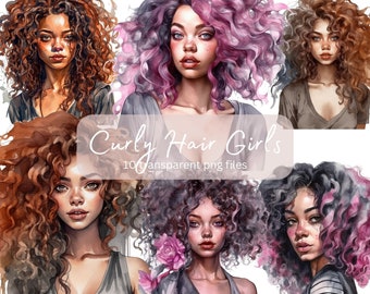Curly Hair Girl Aquarell Clipart Bundle, transparentes PNG, digitaler Download, Junk Journal Scrapbooking, Mode Illustration, kommerzielle Nutzung