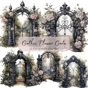 Gothic Flower Gate Watercolor Clipart Bundle, Transparent PNG, Digital Download, Papercraft, Card Making, Junk Journaling, Commercial Use