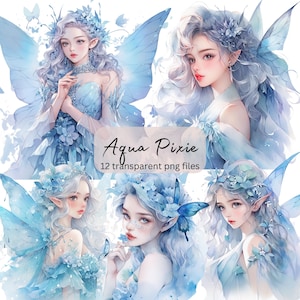 Puede incluir: Un conjunto de 12 ilustraciones digitales que representan hadas con alas azules y detalles florales. Las hadas tienen el pelo largo y fluido y visten túnicas azules. Las ilustraciones están realizadas en estilo acuarela y tienen un aire de fantasía.