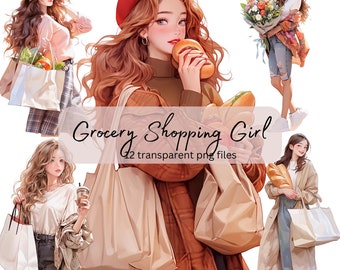 Grocery Shopping Girl Watercolor Clipart Bundle, Transparent PNG, Digital Download, Card Making, Pretty Girl Illustration, Commercial Use