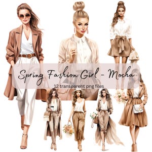 Lente mode meisjes aquarel clipart bundel, transparante png, digitale download, kaarten maken mooie vrouw dame, meisje model illustratie
