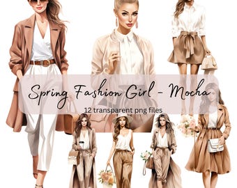 Spring Fashion Girls Watercolor Clipart Bundle, Transparent PNG, Digital Download, Card Making Beautiful Woman Lady, Girl Model Illustration
