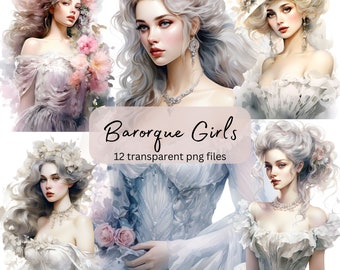 May include: Four digital illustrations of women with long white hair wearing elaborate white dresses and floral headbands. The text "Baroque Girls" and "12 transparent png files" is displayed in the centre of the image.
