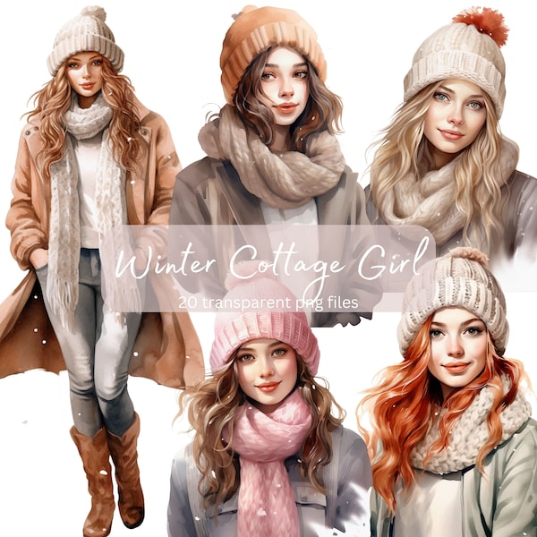 Winter Cottage Mädchen Aquarell Clipart Bundle, transparentes PNG, digitaler Download, Mode Kartenherstellung, Modell Illustration, kommerzielle Nutzung