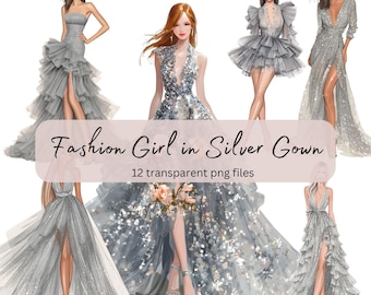 Fashion Girl in Silver Gown Watercolor Clipart Bundle, Transparent PNG, Digital Download, Card Making Woman, Fashion clipart Illustration