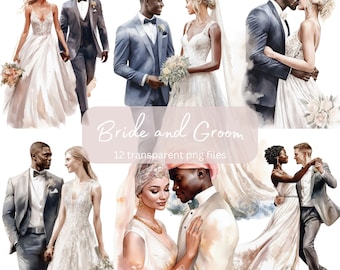 May include: A set of 12 watercolor illustrations of brides and grooms in various poses. The illustrations are in a romantic style and feature a variety of skin tones and hair colors. The illustrations are perfect for wedding invitations, save the dates, and other wedding stationery.