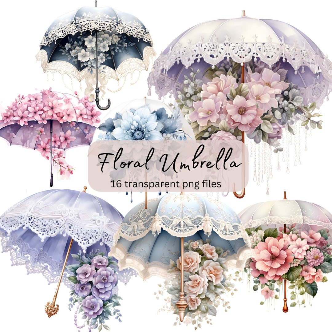 Floral Umbrellas Watercolor Clipart Bundle, Transparent PNG, Digital ...