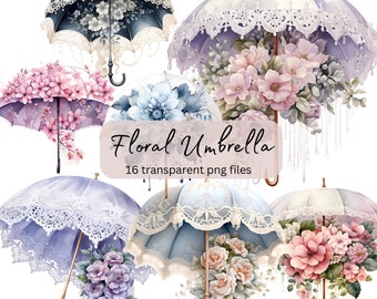 Floral Umbrellas Watercolor Clipart Bundle, Transparent PNG, Digital Download, Junk Journal Card Making, Junk Journaling, Commercial Use