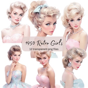 Pacote de clipart em aquarela de meninas retrô de 1950, PNG transparente, download digital, mulher que faz cartões, ilustração de moda feminina, uso comercial