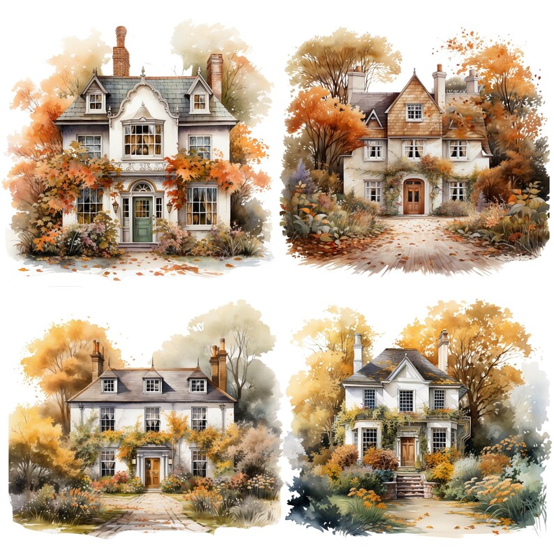Fall Country House Watercolor Clipart Bundle, Transparent PNG ...