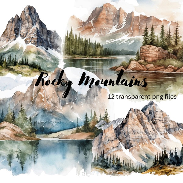 Rocky Mountains aquarelle Clipart Bundle, PNG Transparent, paysage clipart, téléchargement immédiat, Scrapbook, Junk Journal, usage Commercial