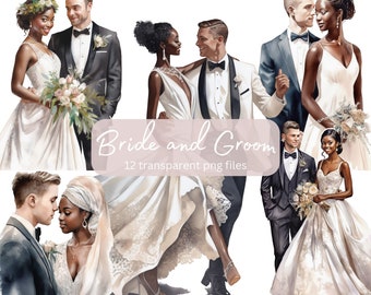May include: A set of 12 digital illustrations of watercolor painted brides and grooms. The illustrations are in a romantic style and feature diverse couples in various poses. The text "Bride and Groom" and "12 transparent png files" is included in the image.