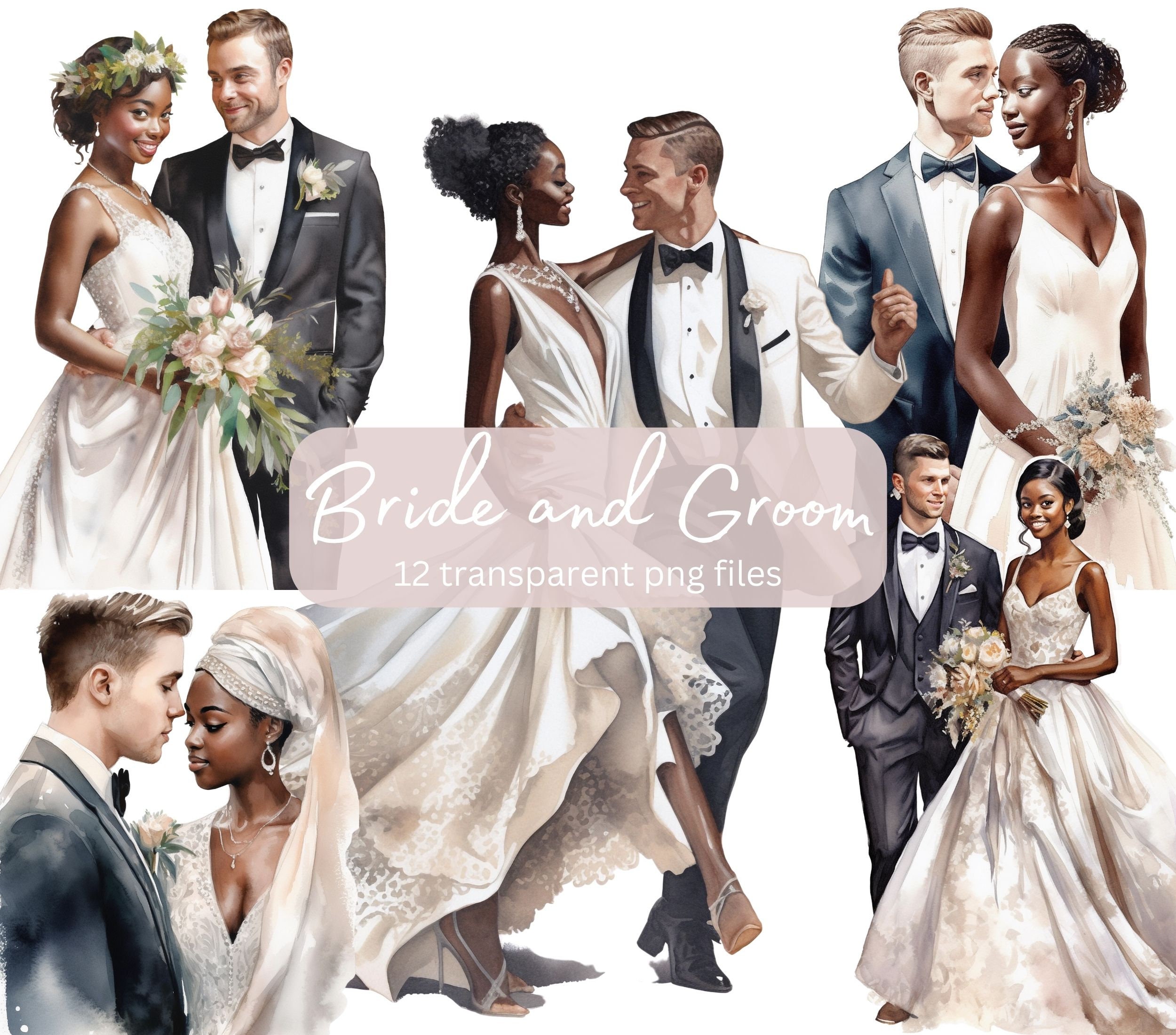 Bride and Groom Watercolor Clipart Bundle, Transparent PNG, Wedding ...